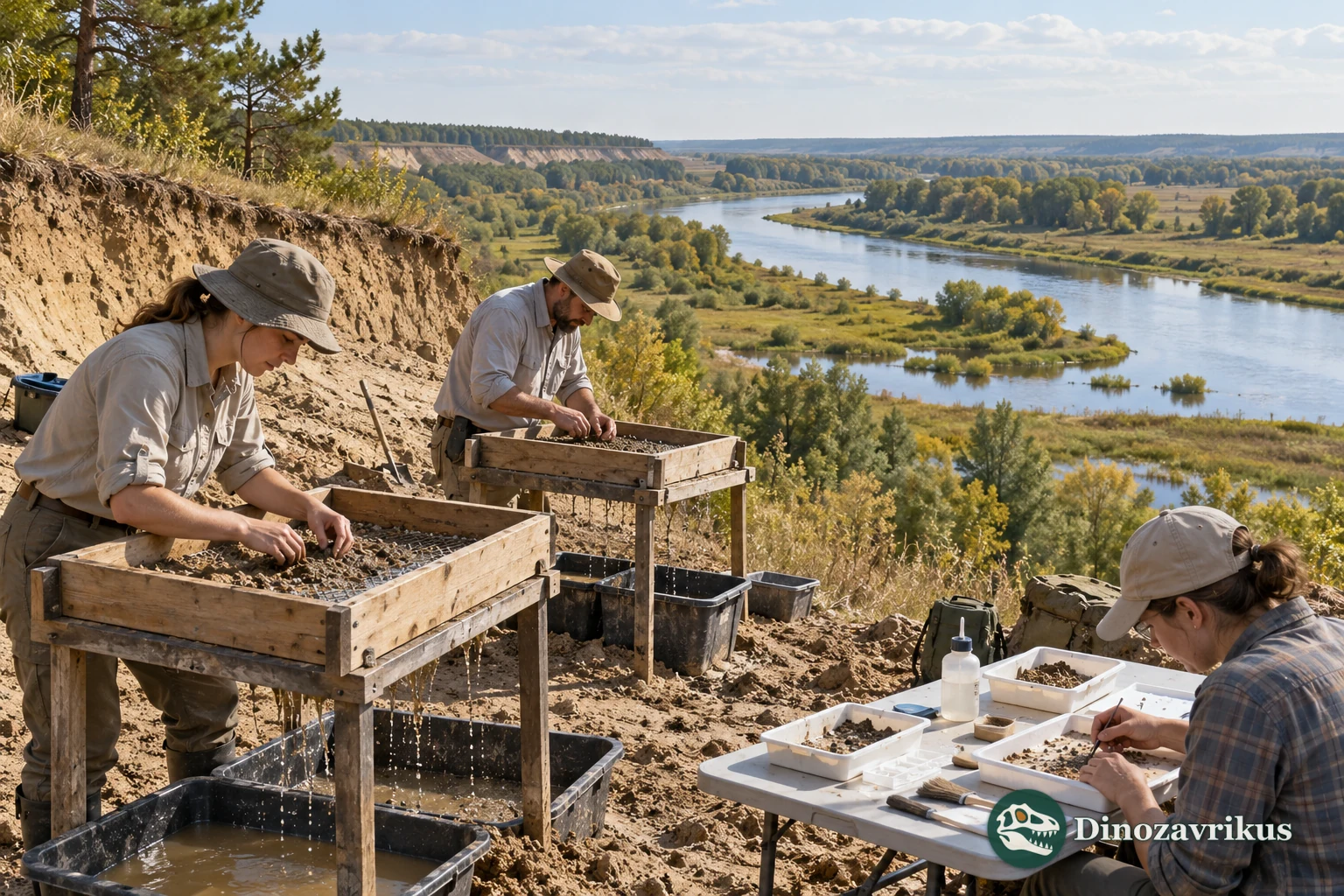 Interpretive scene of researchers sieving sediment for small bones near a river terrace