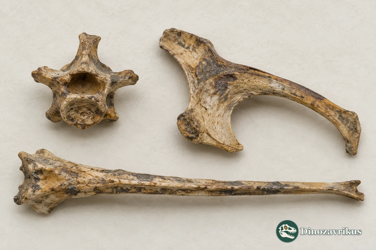 Illustrative museum-style arrangement of fossil frog bones discussed for Pliobatrachus