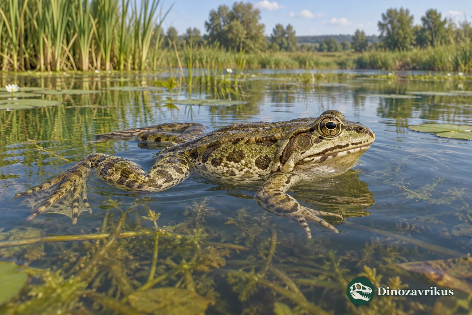 Interpretive reconstruction of the extinct frog Pliobatrachus beside a freshwater shore in eastern Europe