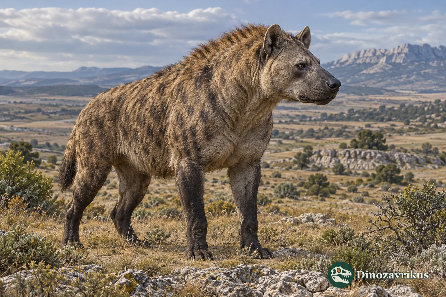 Artistic reconstruction of Pliocrocuta perrieri in an open late Pliocene landscape