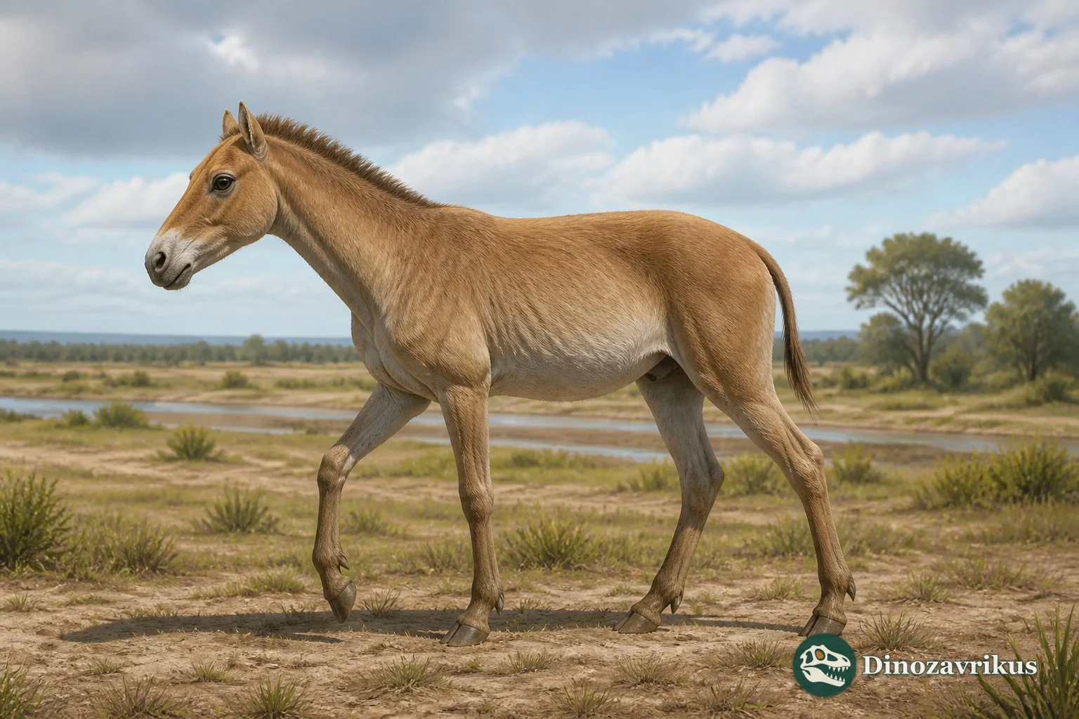 Pliohippus walking across an open Miocene landscape