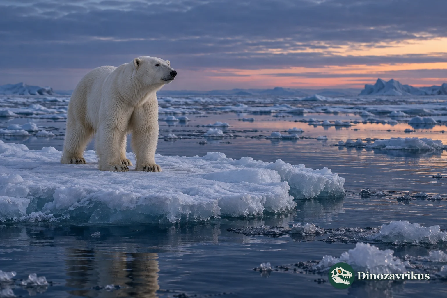 Polar bear standing on Arctic sea ice beneath a low dawn sun