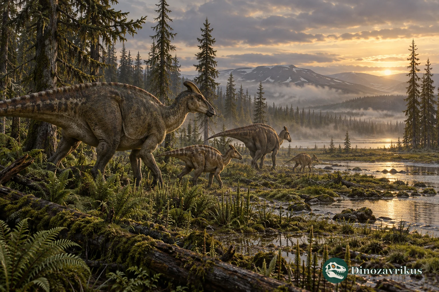 A small feathered dinosaur moving through a Cretaceous polar forest beneath a low seasonal sun