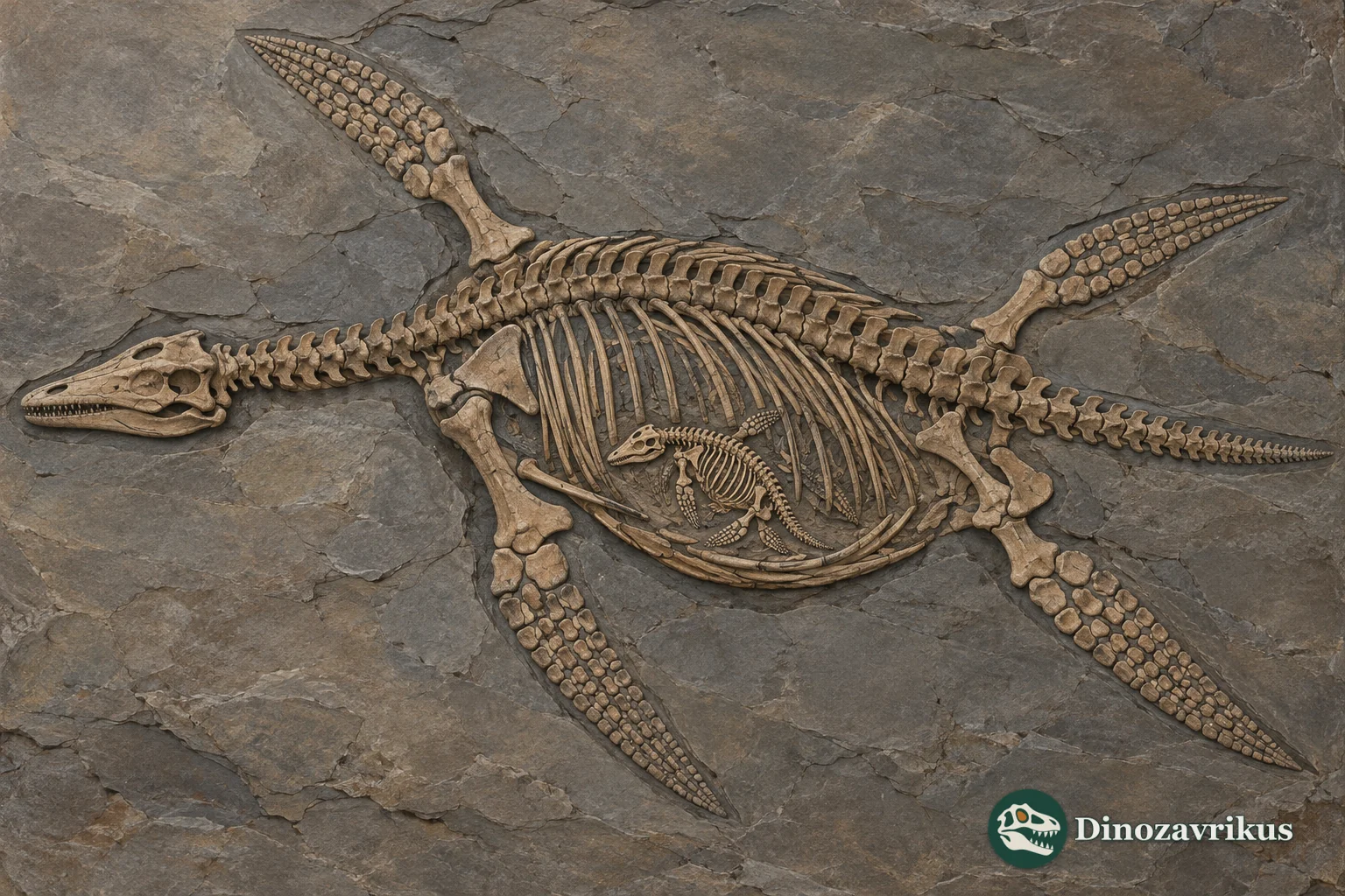 Schematic reconstruction of an adult plesiosaur fossil with one fetus preserved within the body outline