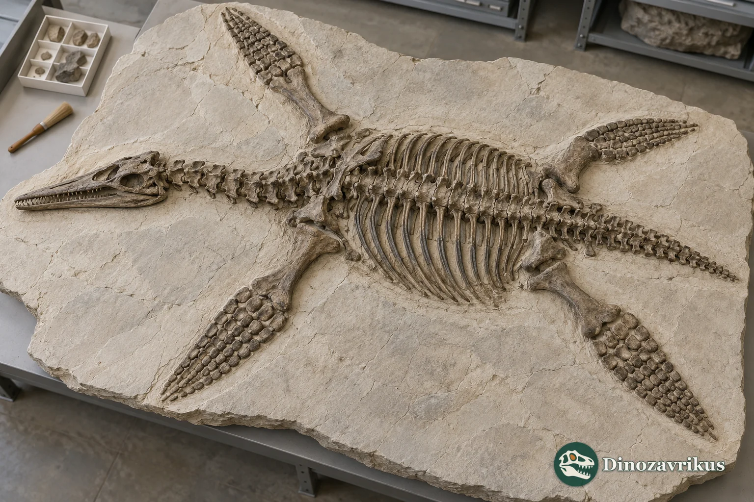 Interpretive image of a nearly complete plesiosaur skeleton on a research collection slab