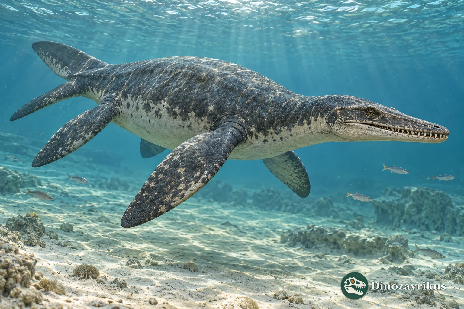 Interpretive reconstruction of a short-necked Polycotylus plesiosaur swimming through a Cretaceous sea