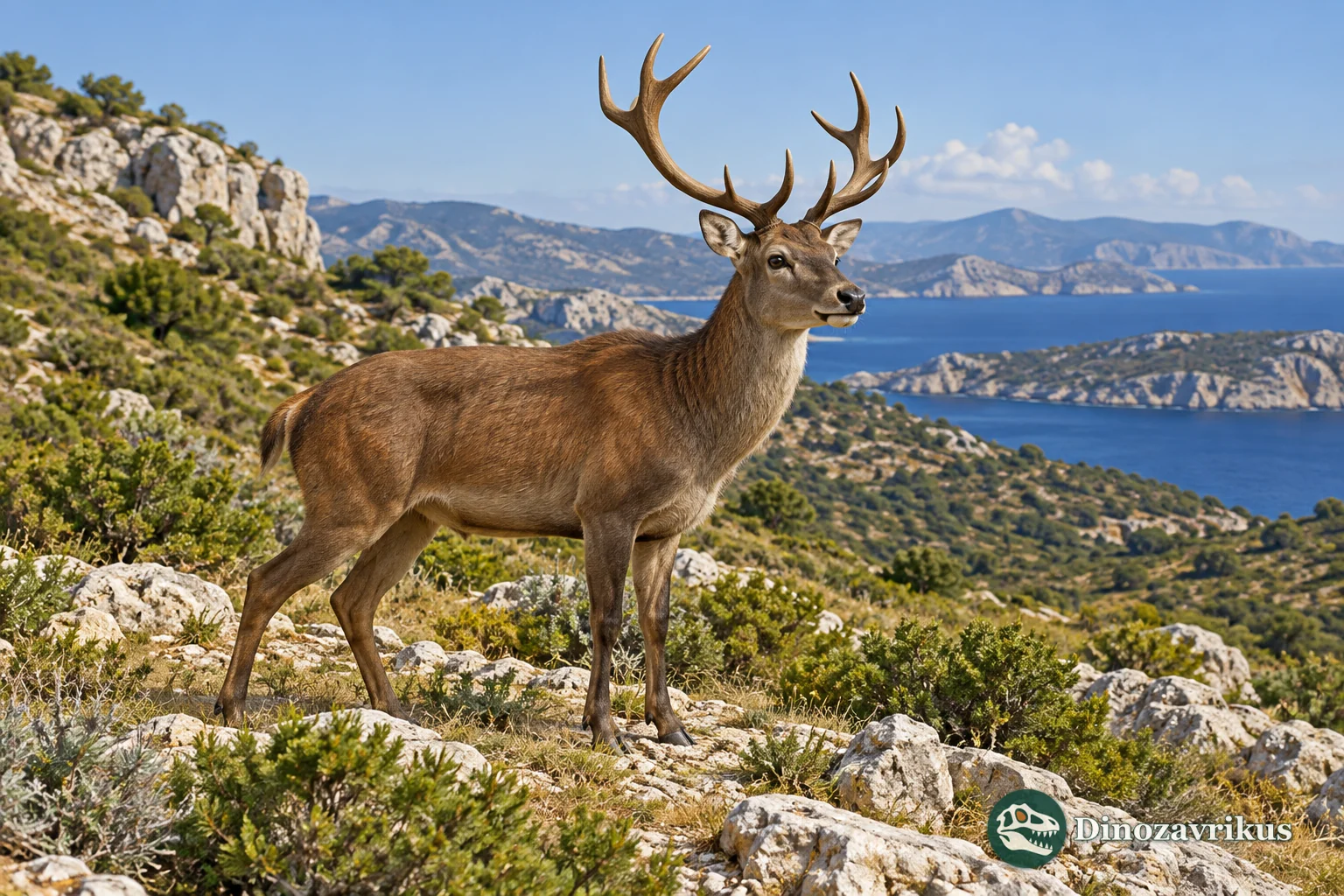 Artistic reconstruction of a smaller deer in a Mediterranean island landscape