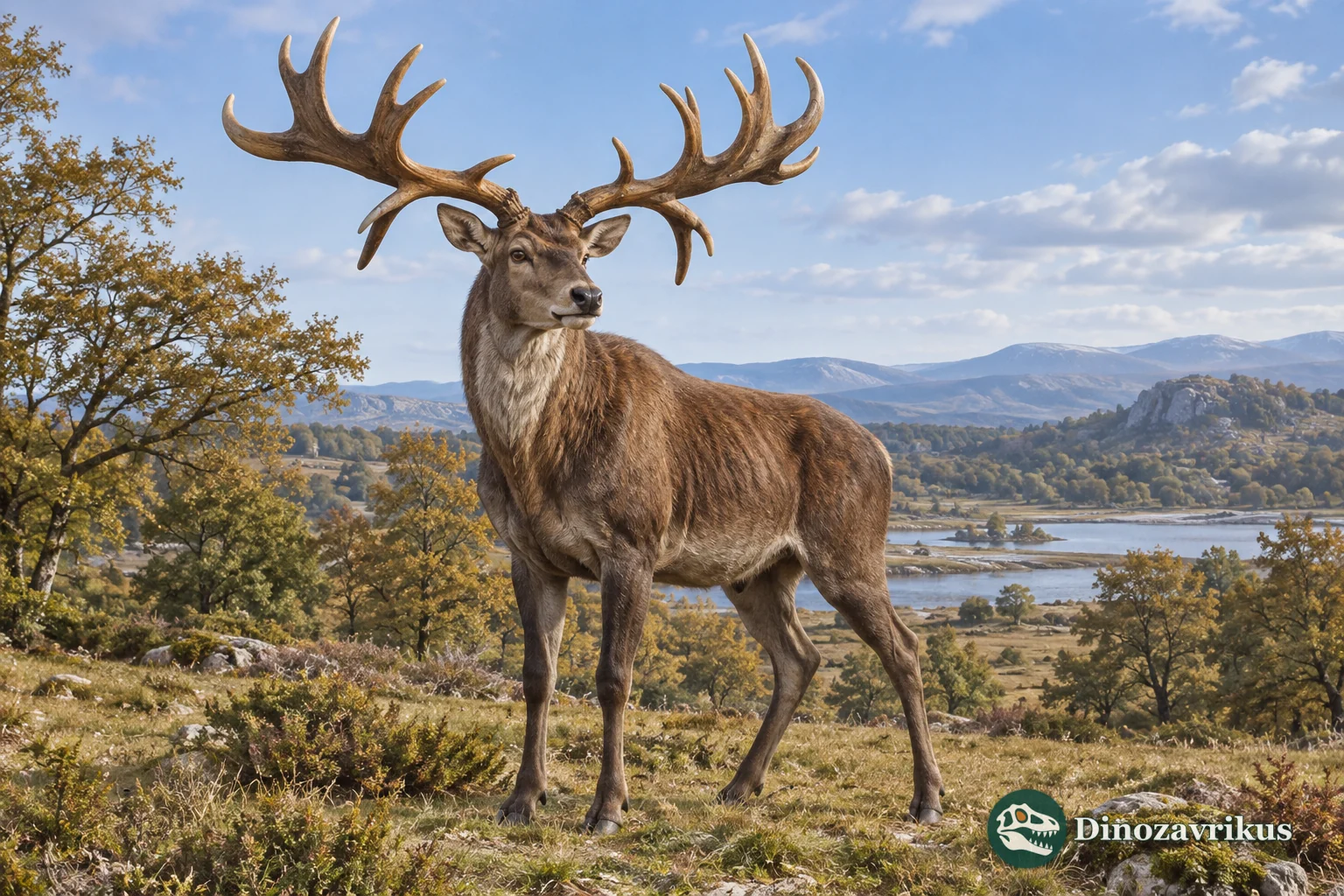 Artistic reconstruction of a large mainland Praemegaceros deer in a Pleistocene landscape