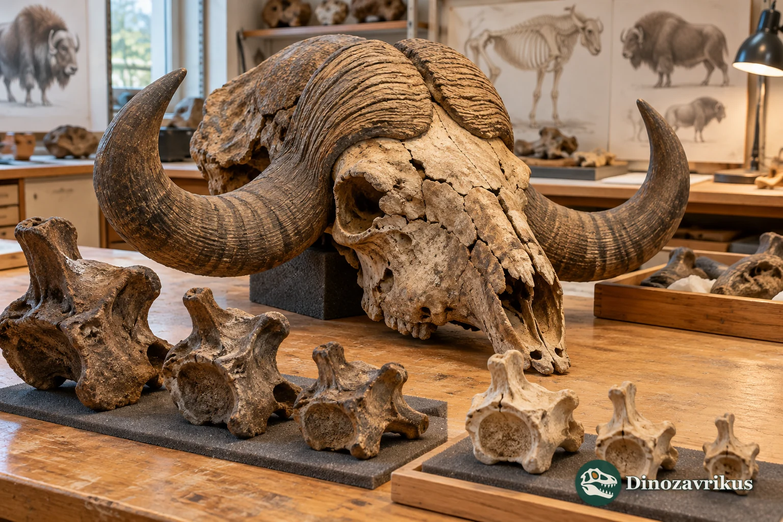 Illustrative fossil ovibovine skull, horns and vertebrae