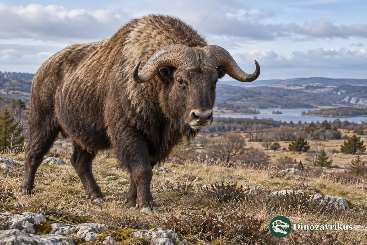 Artistic reconstruction of Praeovibos in an open Pleistocene European landscape