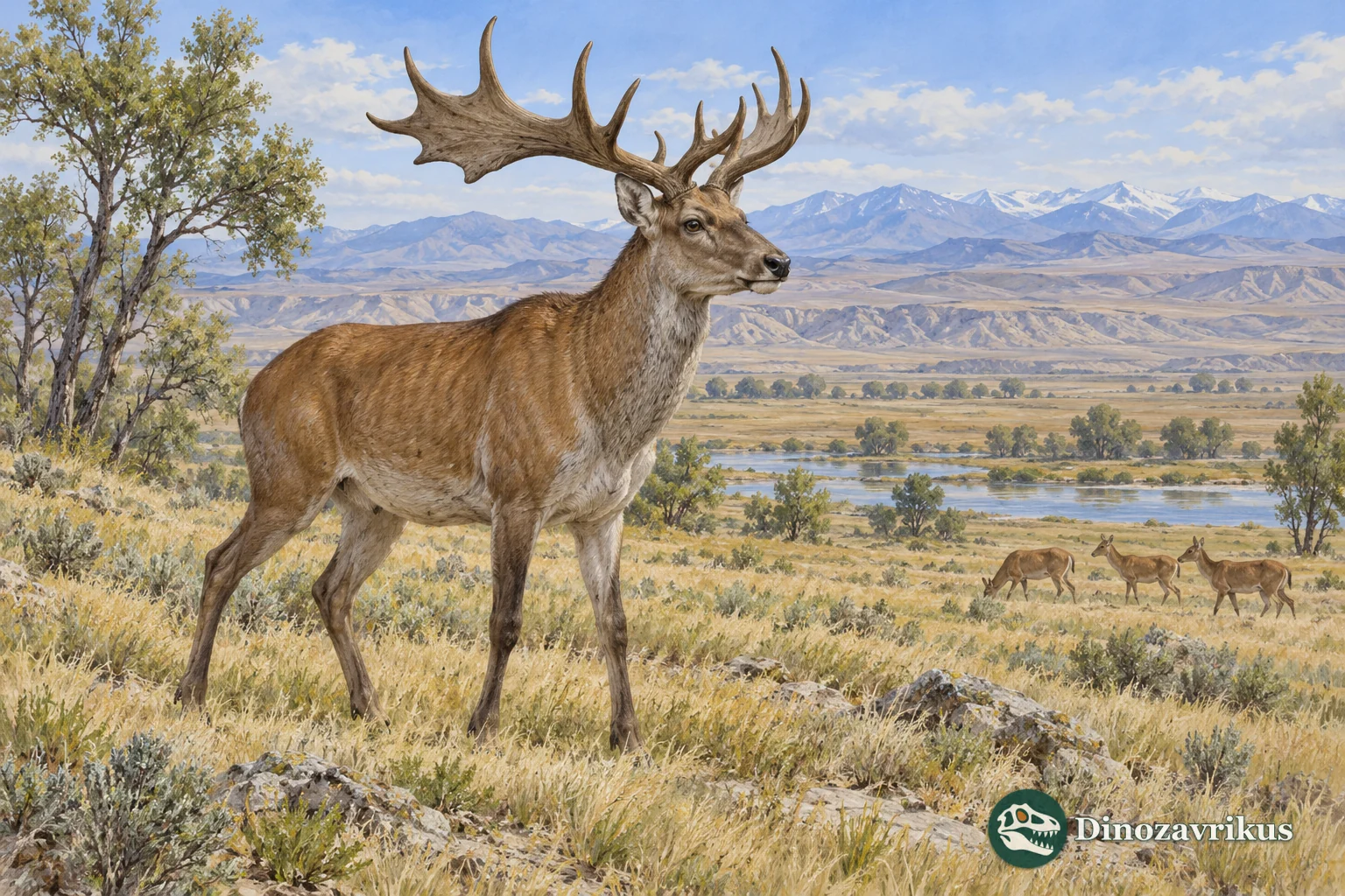 Artistic reconstruction of an ancient deer in a Central Asian open landscape