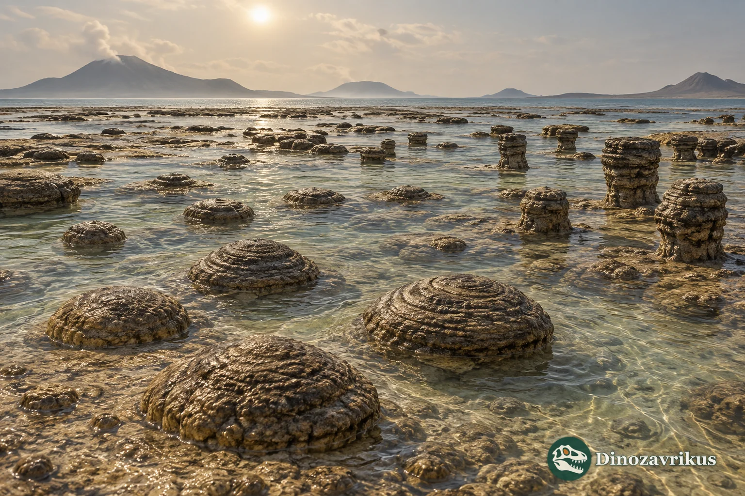 Archean shallow sea with layered stromatolites built by microbial mats