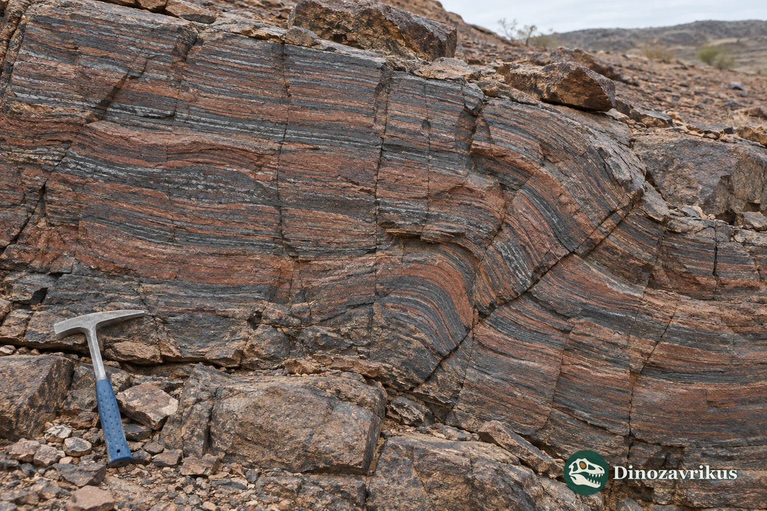 Polished banded iron formation with alternating iron-rich and silica-rich layers