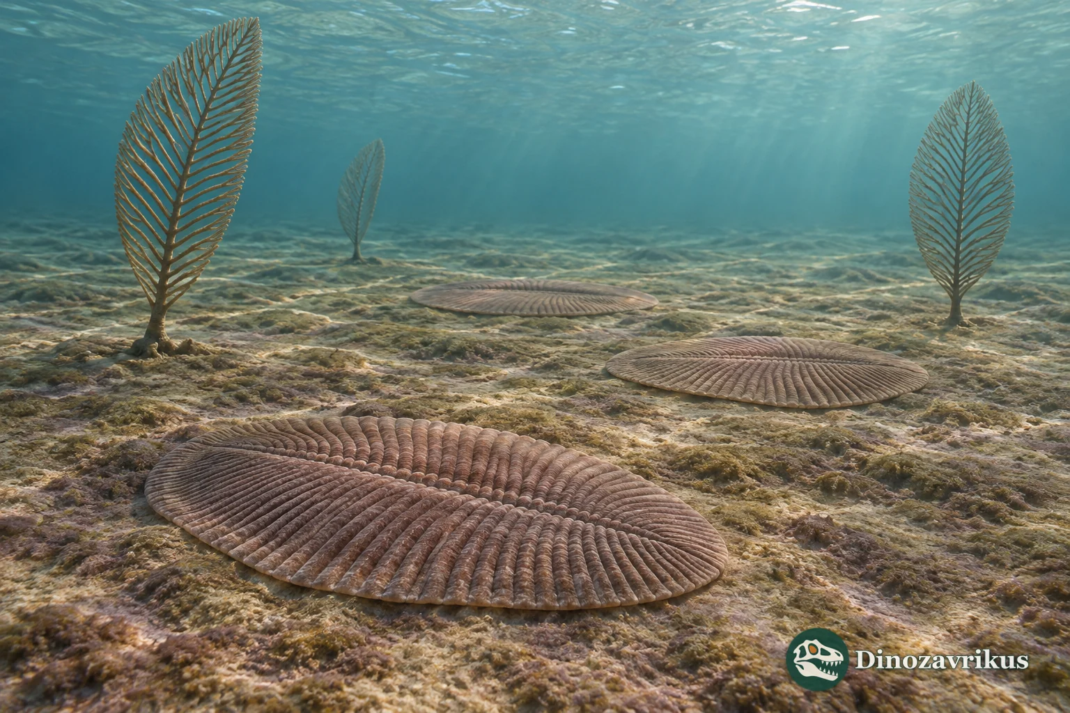 Ediacaran seafloor with Dickinsonia, rangeomorphs and microbial mats