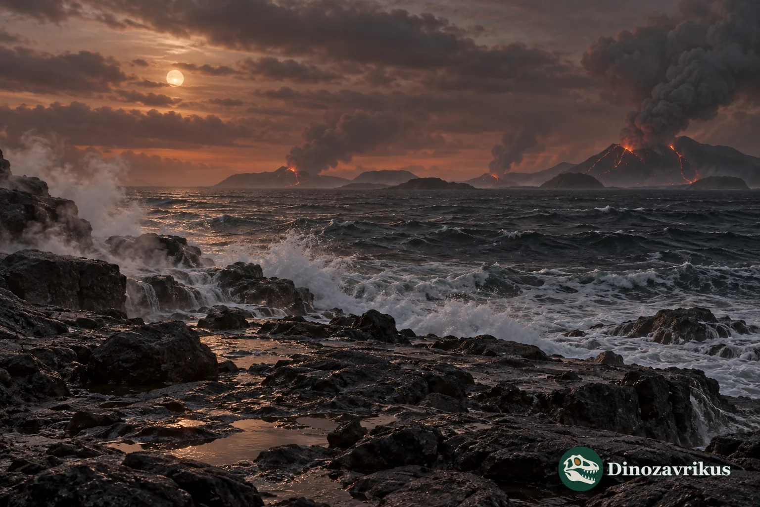 Hadean volcanic coast beneath a faint young Sun with a large Moon and impact-rich sky