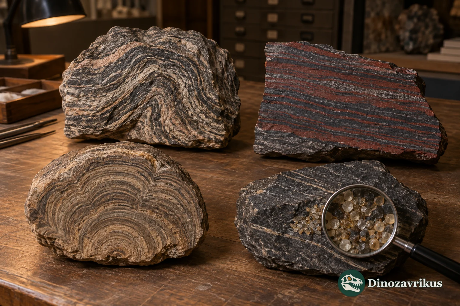 Precambrian rock record with ancient zircon-bearing rocks, banded iron and a stromatolite