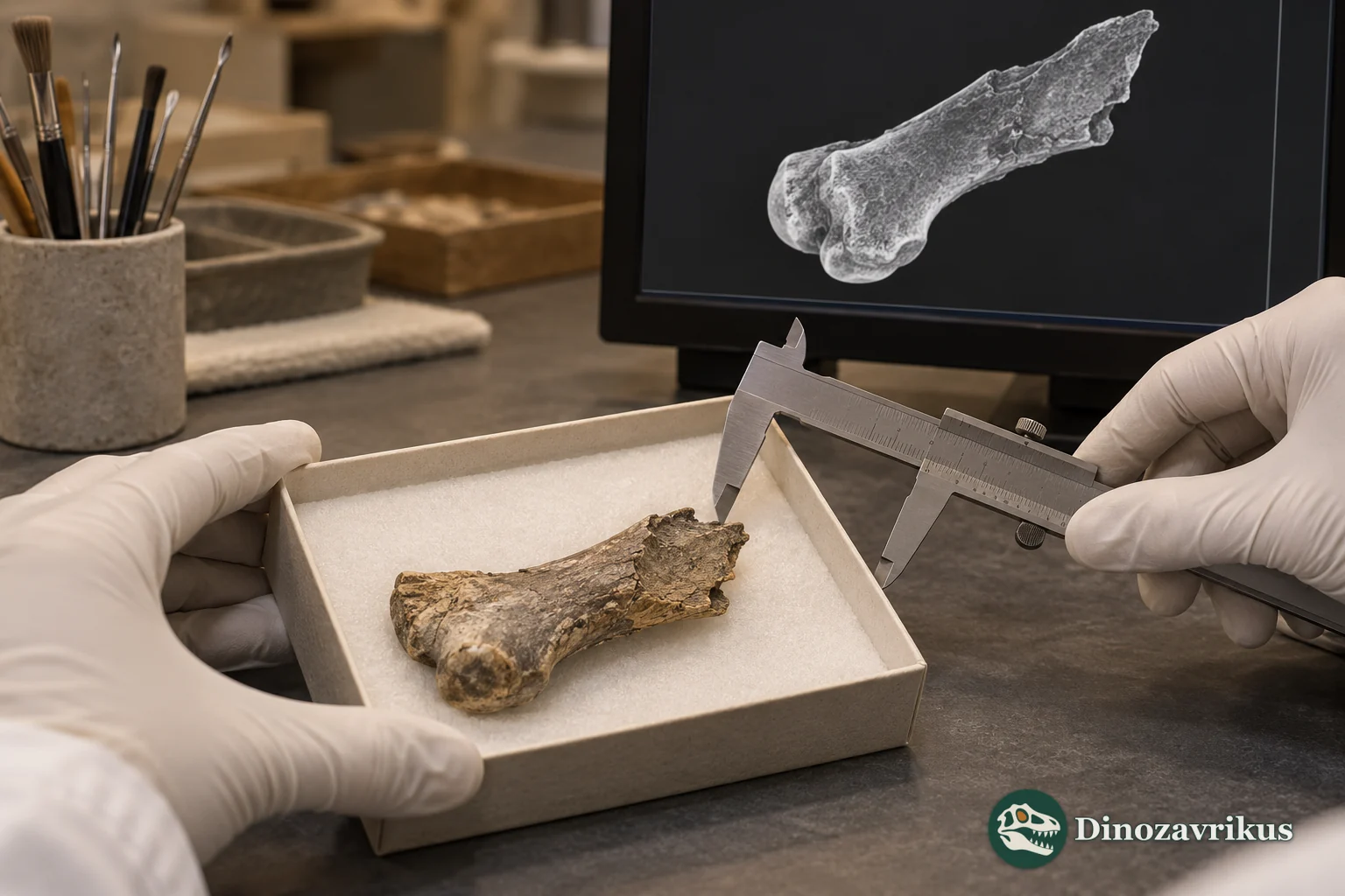 Conceptual museum study with a fragmentary bird bone, calipers and a CT-like screen