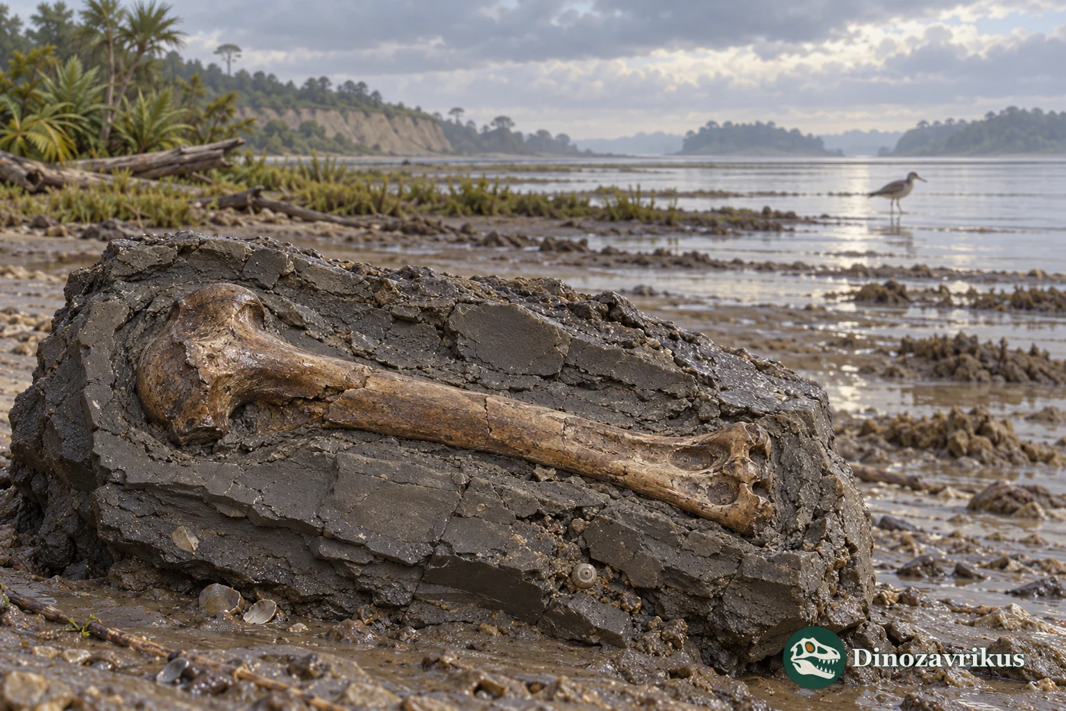 Illustrative London Clay estuary with an isolated fossil fragment and a small shorebird silhouette