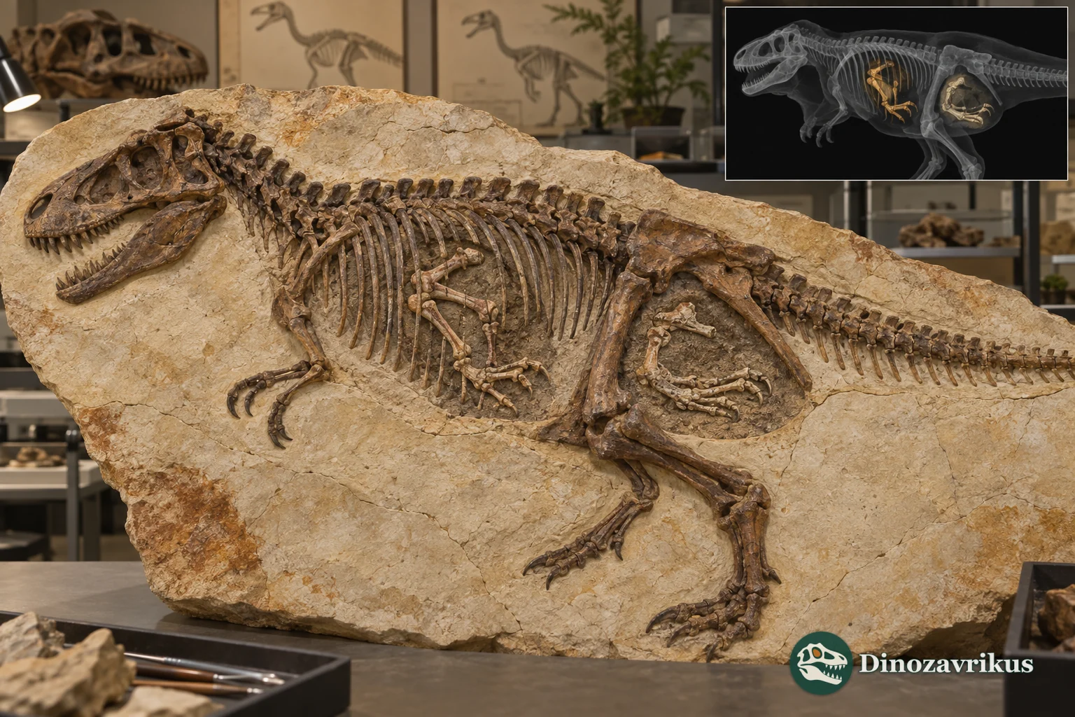 Juvenile tyrannosaurid fossil with prey remains in the abdomen