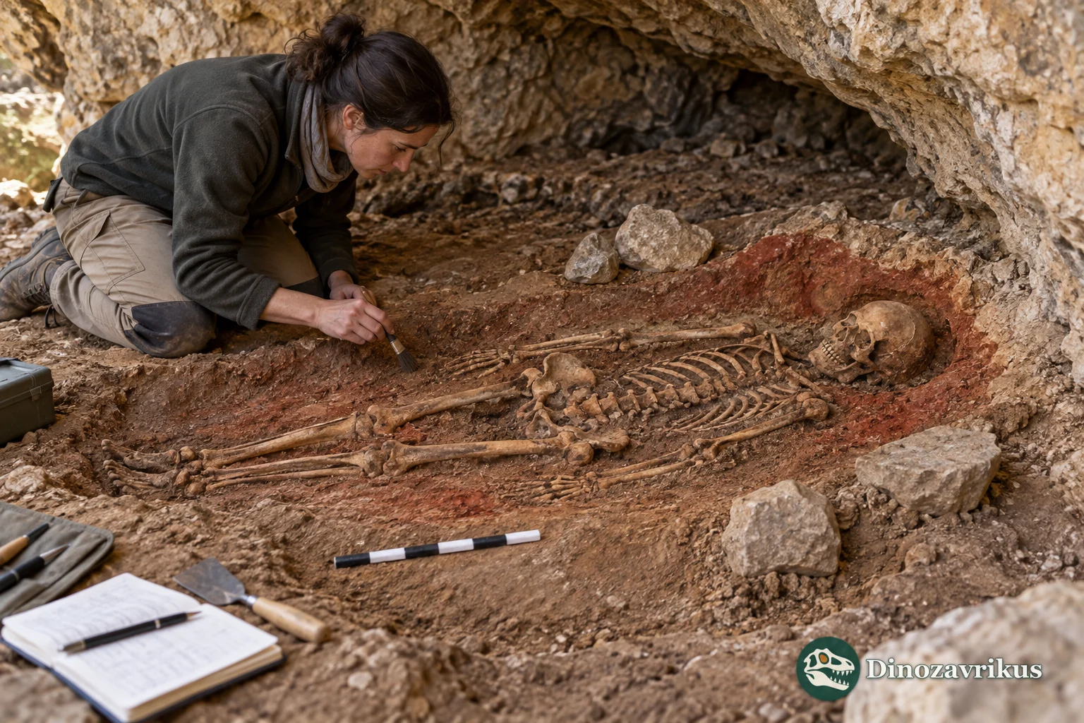 An archaeologist documenting a human burial in a cave deposit
