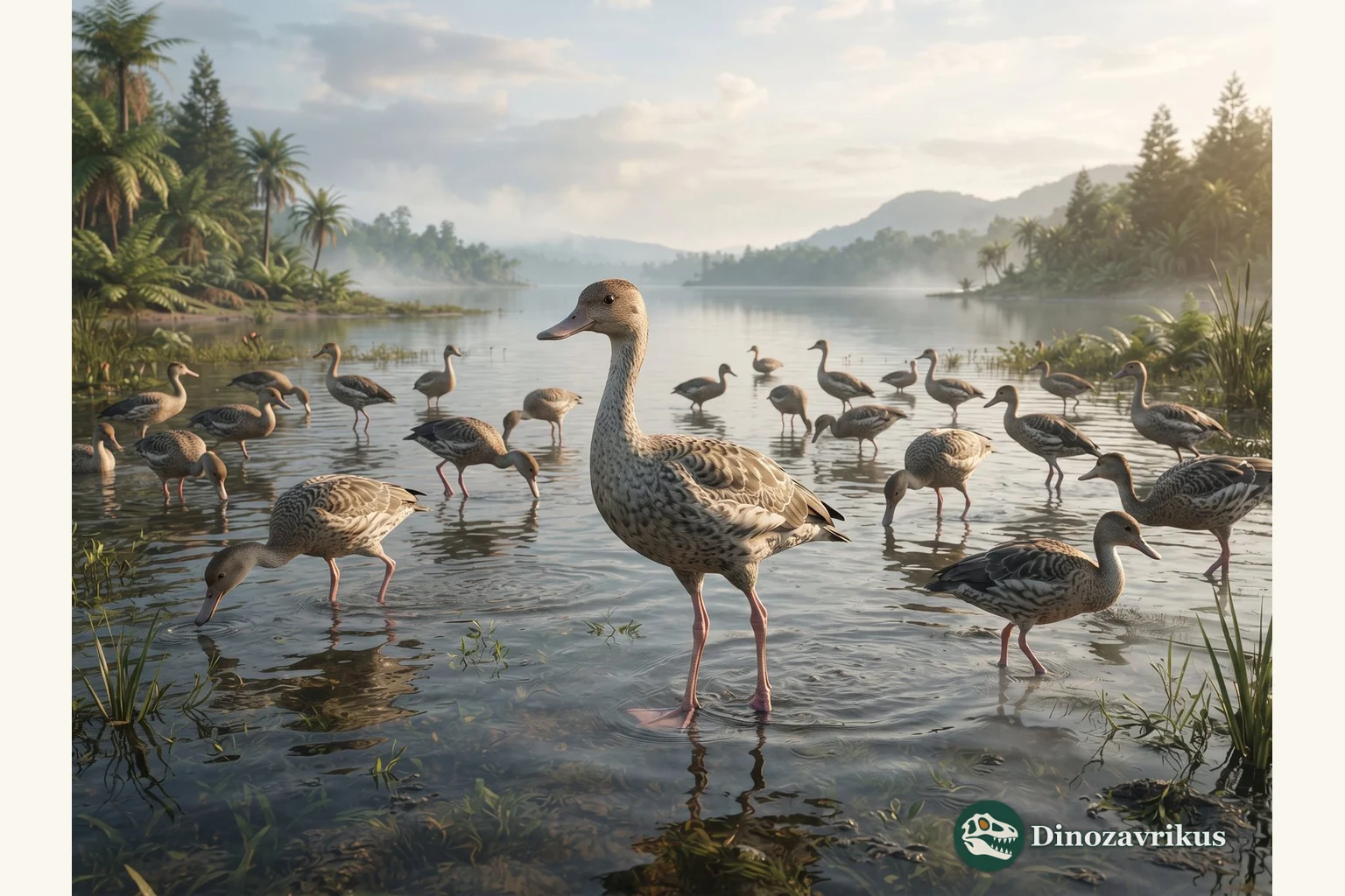 Presbyornis wading in a shallow lake during the Eocene
