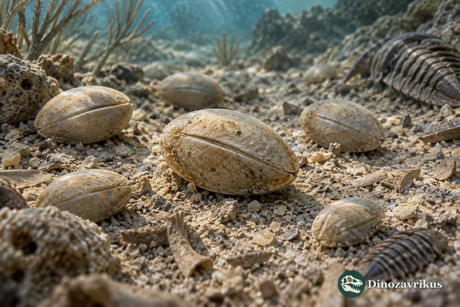 Small oval Primitia-like ostracod valves among Ordovician seafloor grains