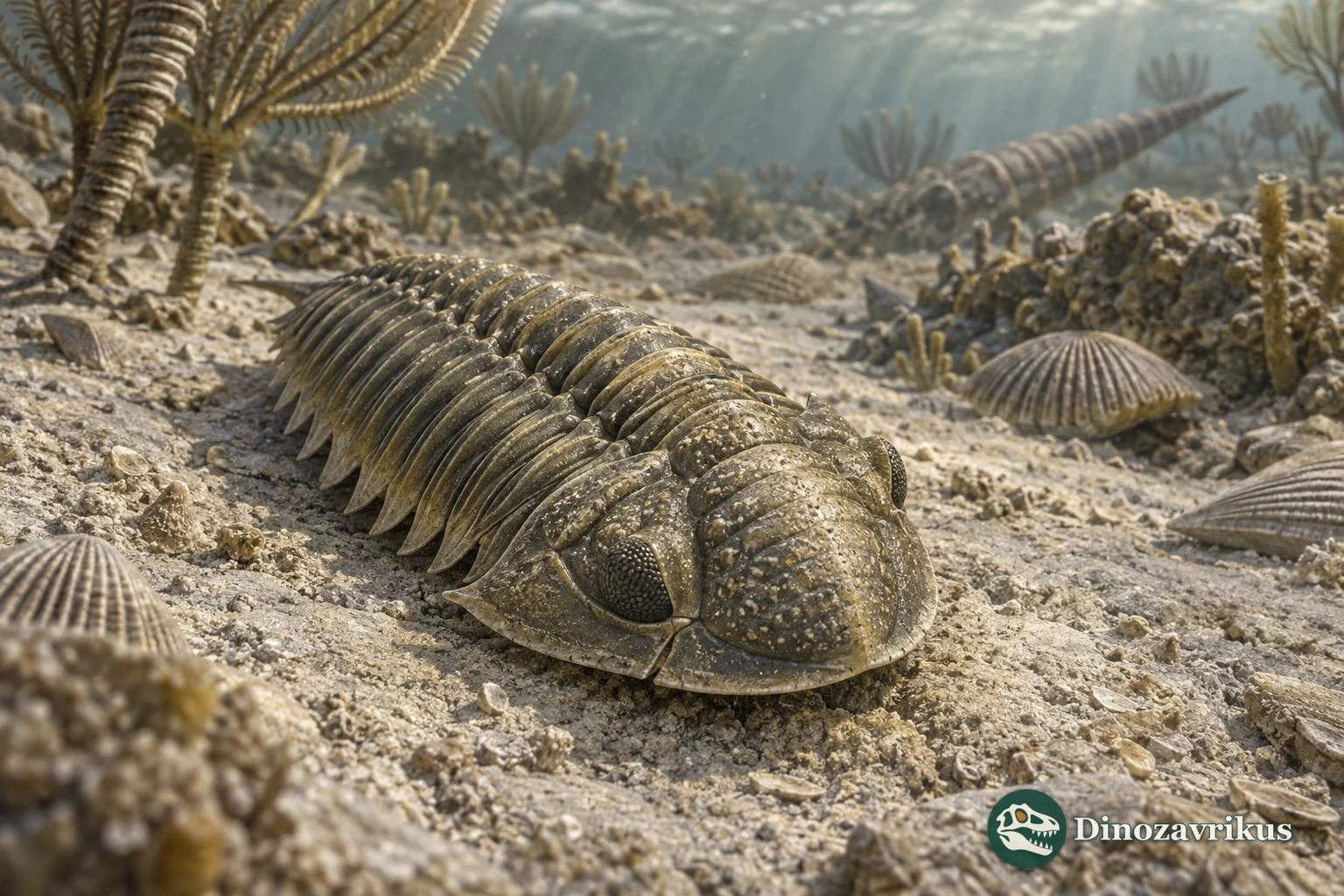 Ordovician Prionocheilus trilobite crawling over a shallow marine seafloor