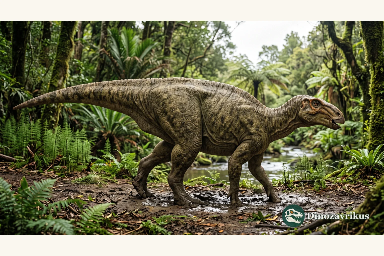 Probactrosaurus reconstructed beside a Cretaceous river in Inner Mongolia