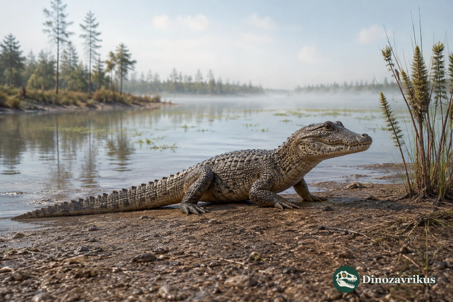 Procaimanoidea reconstructed beside an Eocene Wyoming river, with the skull proportions based on described fossils