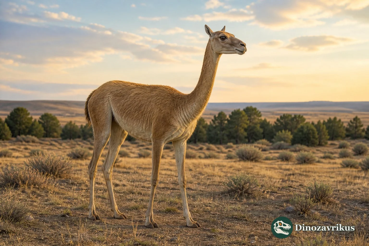 Long-legged Procamelus browsing among Miocene shrubs in North America