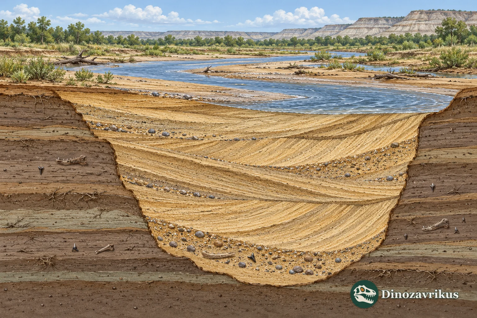 Conceptual cutaway of a sandstone river-channel deposit and small fossil remains