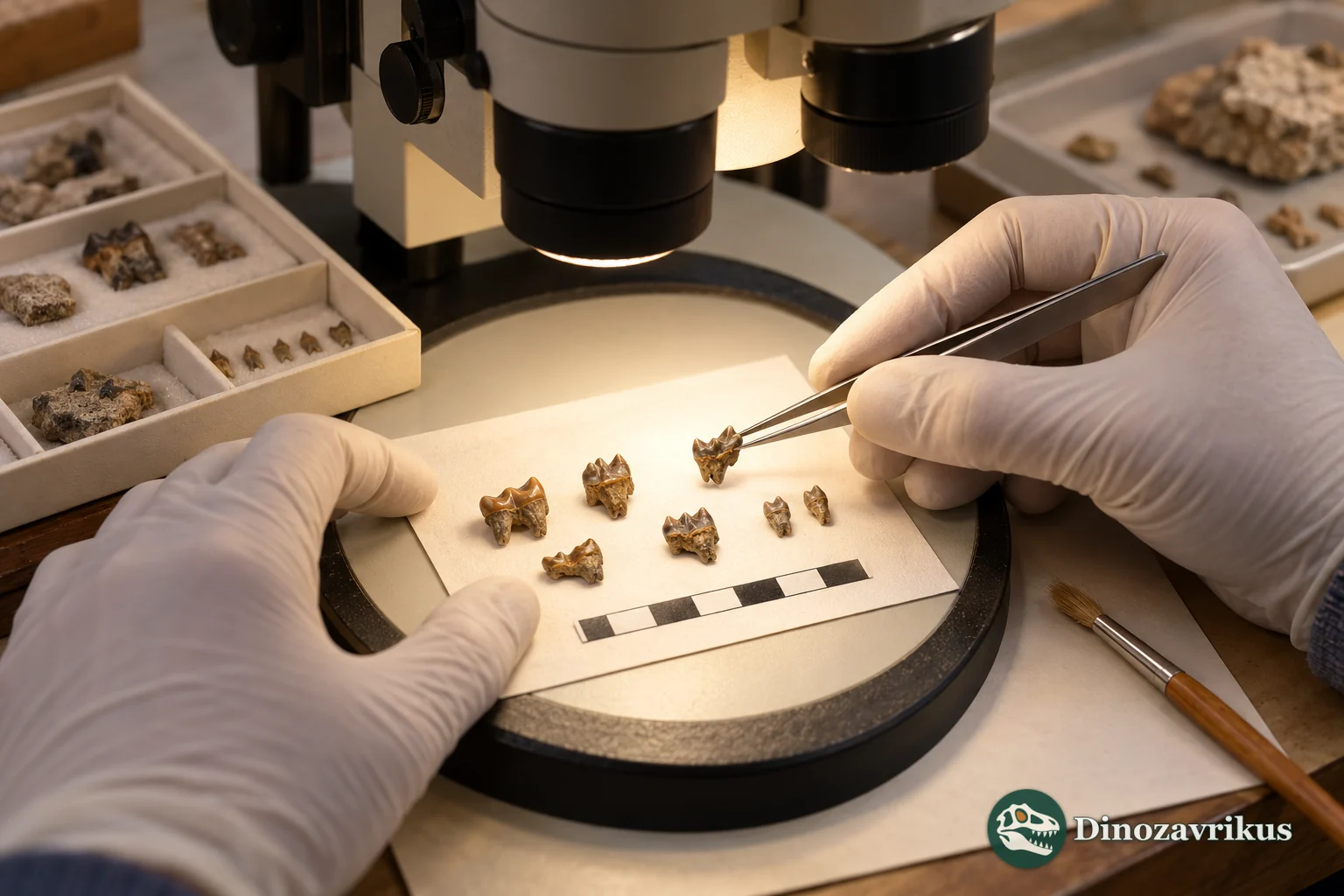 Palaeontologist studying minute fossil teeth under a binocular microscope