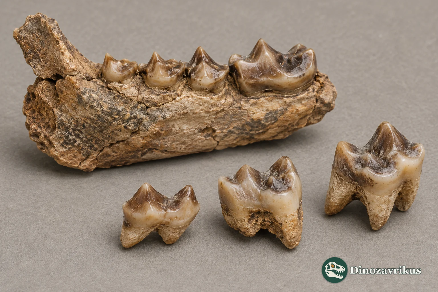 Interpretive illustration of a small jaw fragment and isolated mammal teeth