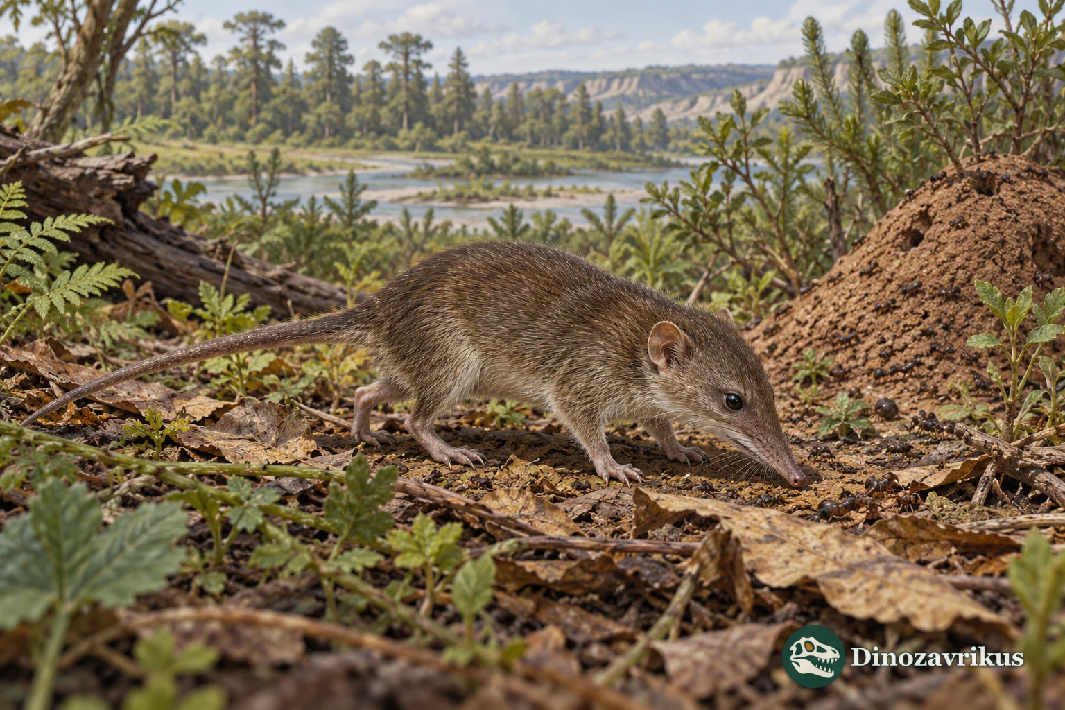 Artistic reconstruction of a small Procerberus on the leaf litter of latest Cretaceous Montana