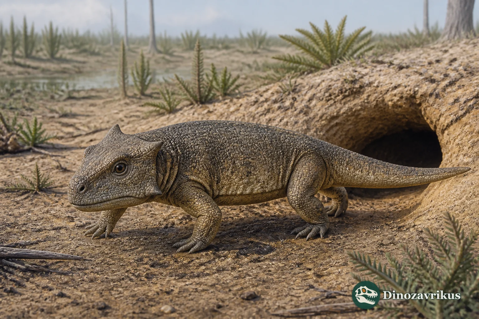 Procolophon trigoniceps beside a burrow on an Early Triassic floodplain