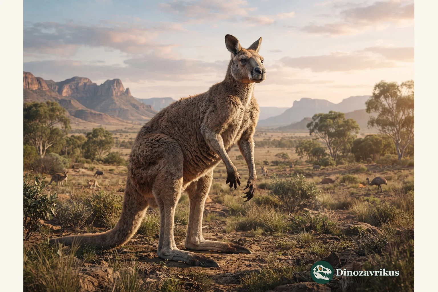 Procoptodon reconstructed in a dry Australian woodland with its powerful hind feet visible