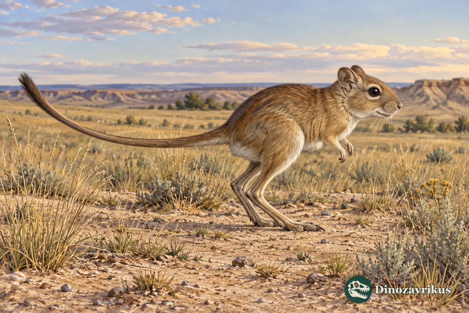 Artistic reconstruction of Prodipodomys on a North American open plain