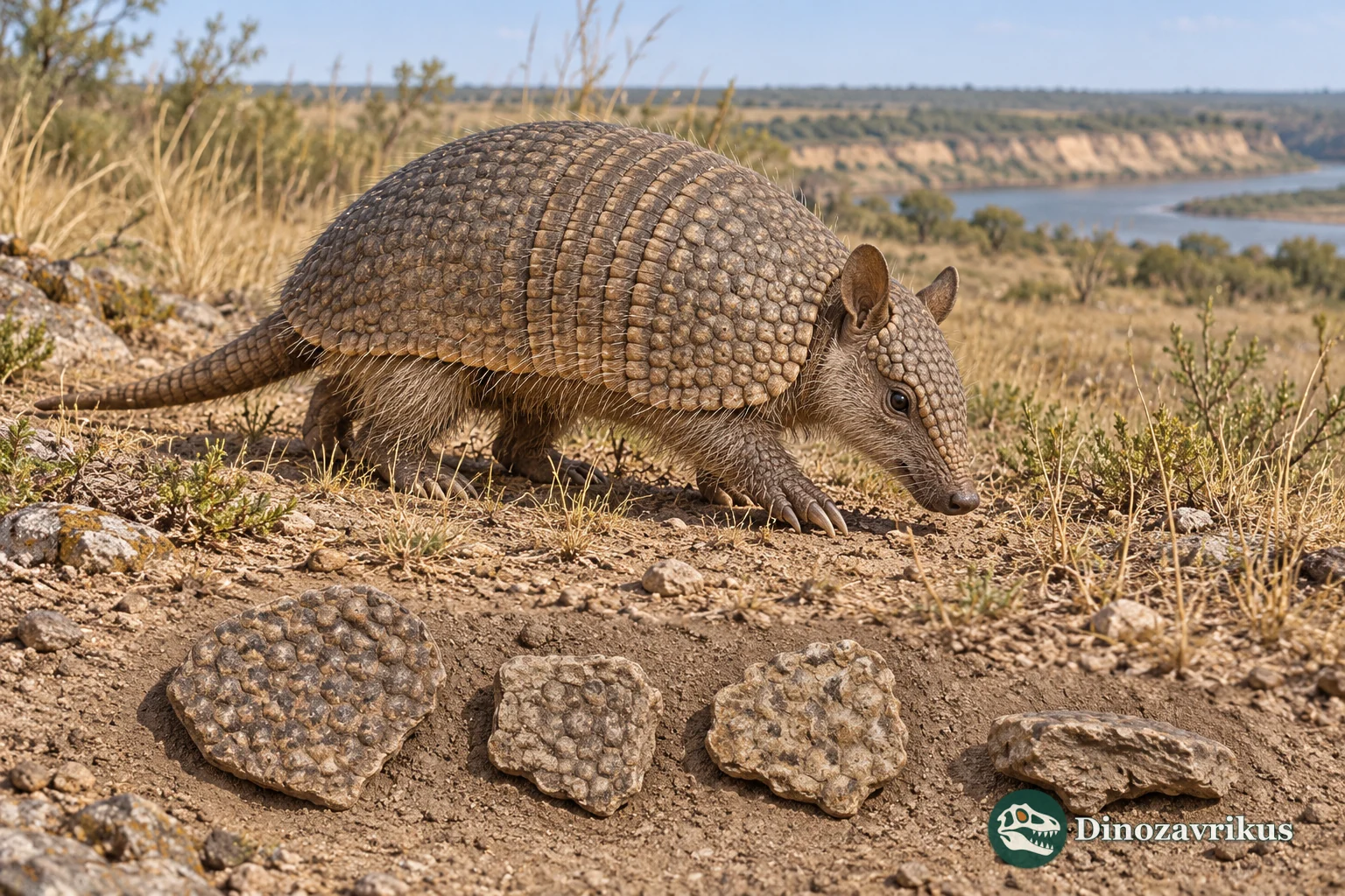 Cautious artistic reconstruction of a fossil armadillo in a South American Late Miocene landscape