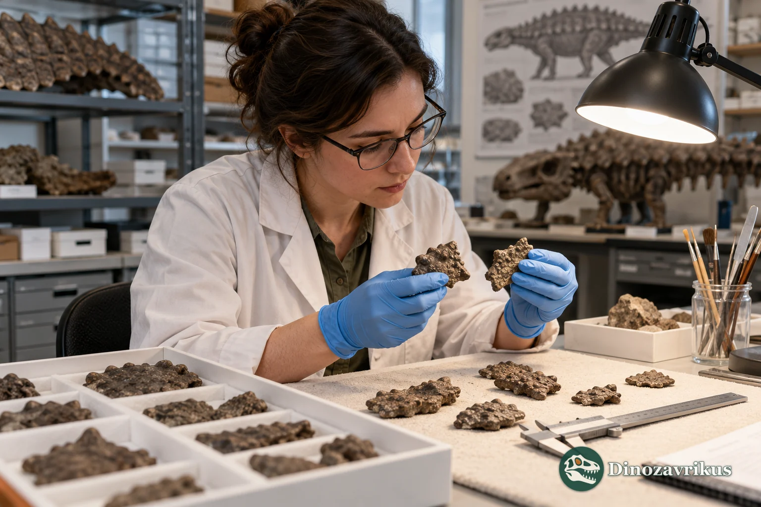 Illustrative museum scene of an osteoderm comparison