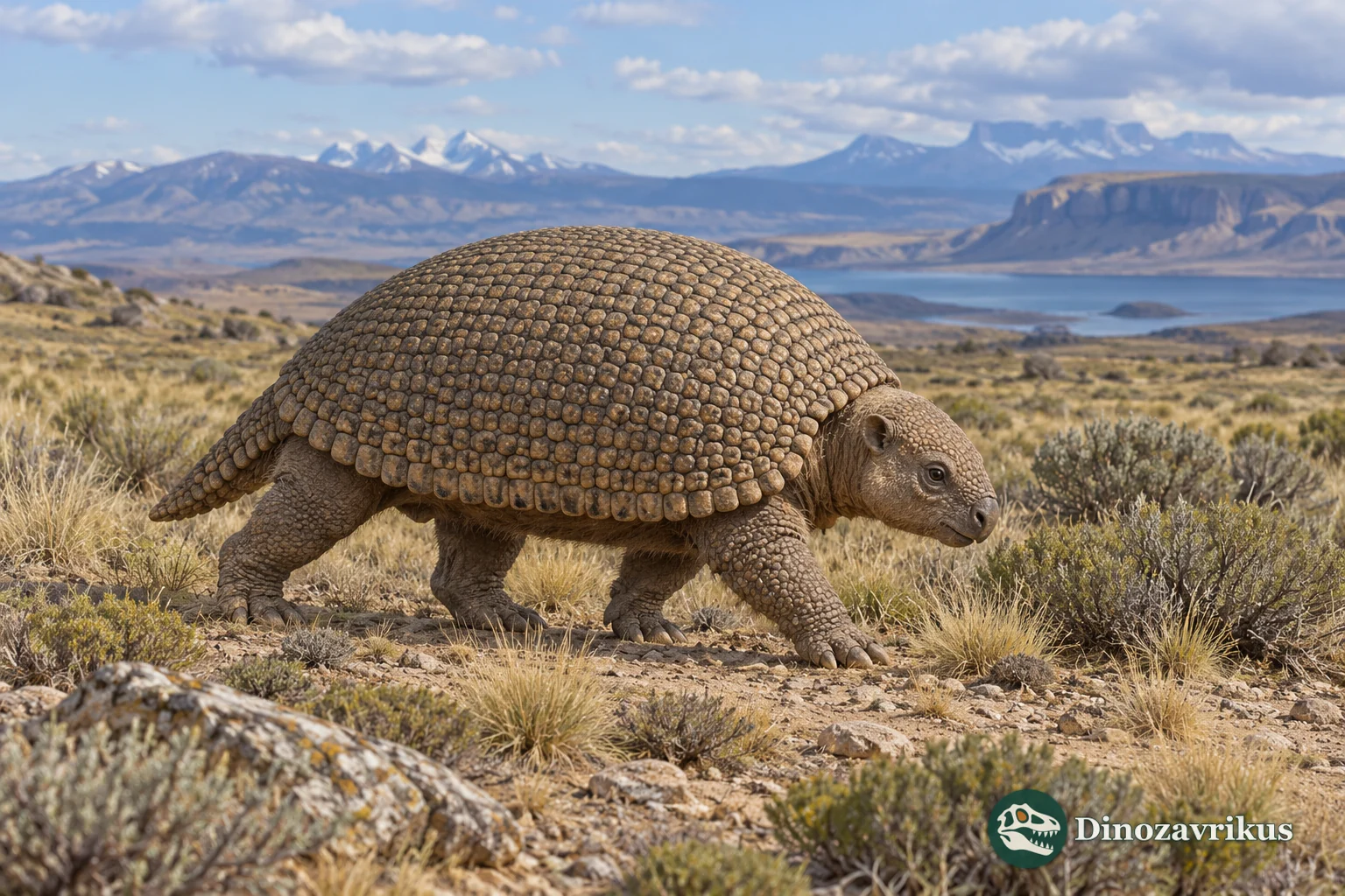 Artistic reconstruction of Proeutatus in an imagined Miocene Patagonian scrubland