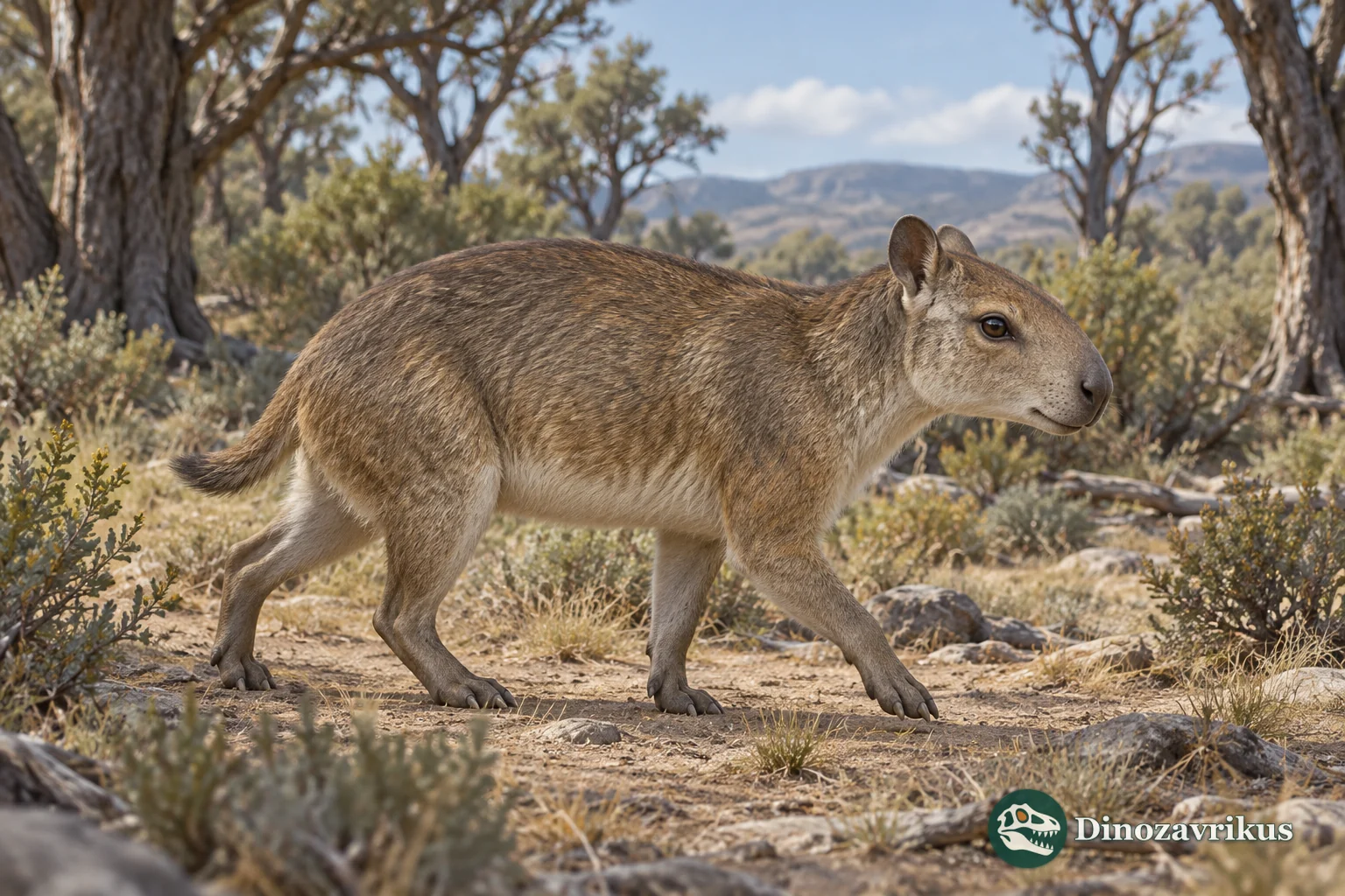Artistic reconstruction of Prohegetotherium in a late Oligocene landscape