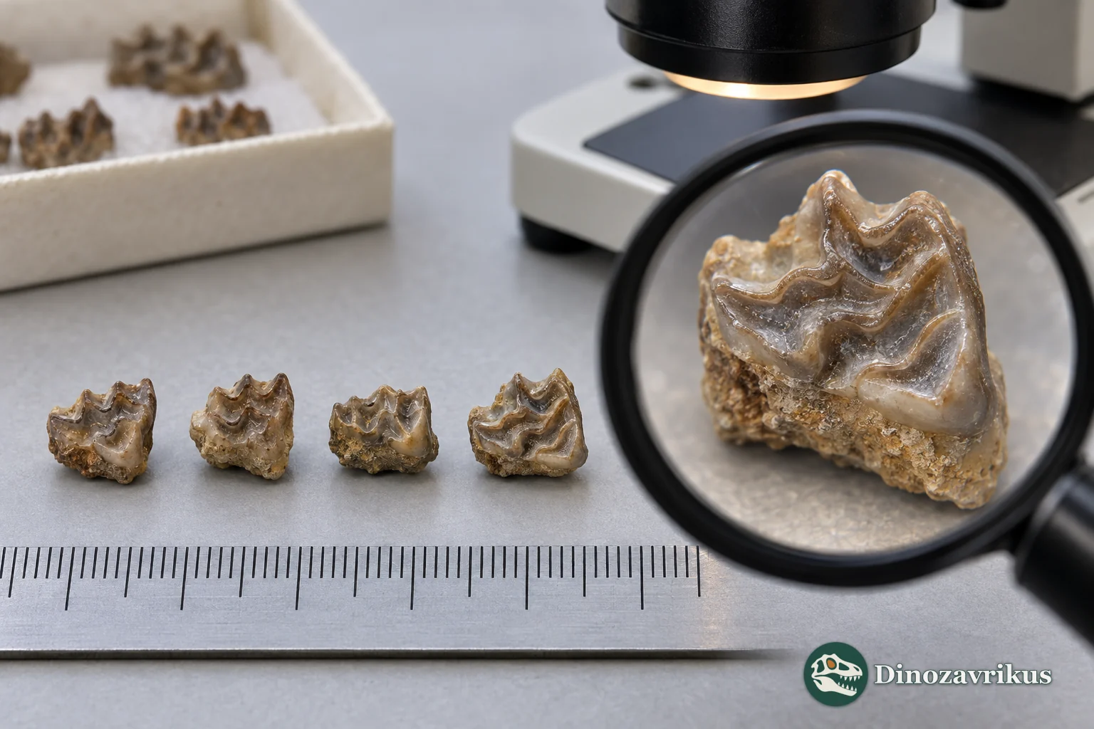 Illustrative tiny fossil rodent molars examined in a laboratory
