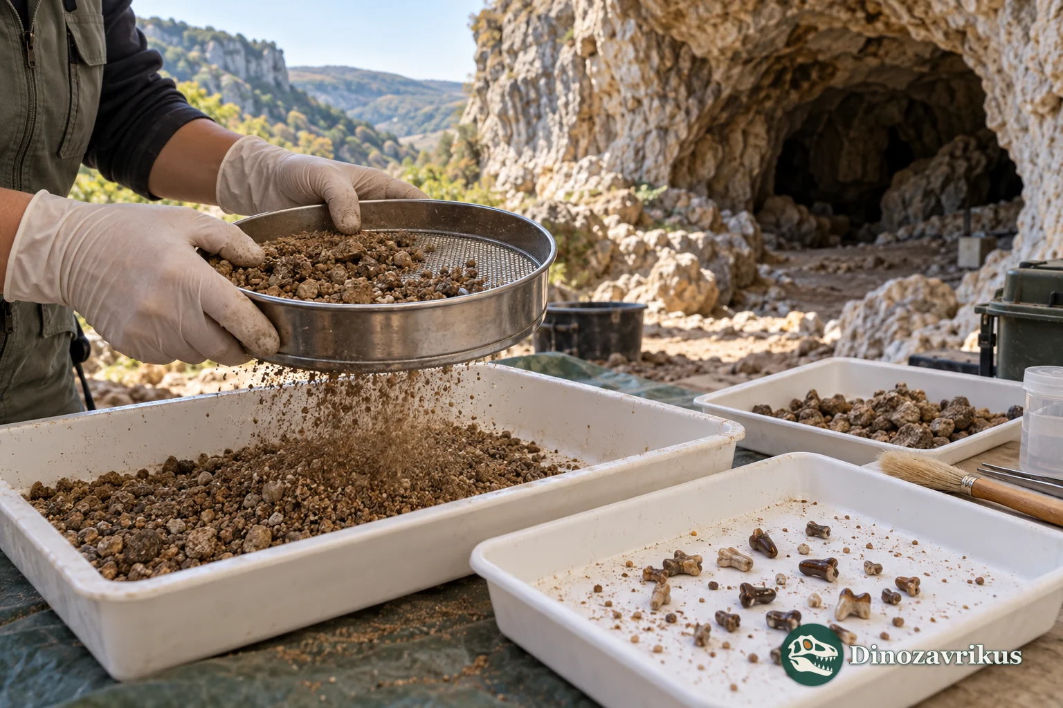 Illustrative sieving of cave sediment for tiny fossils