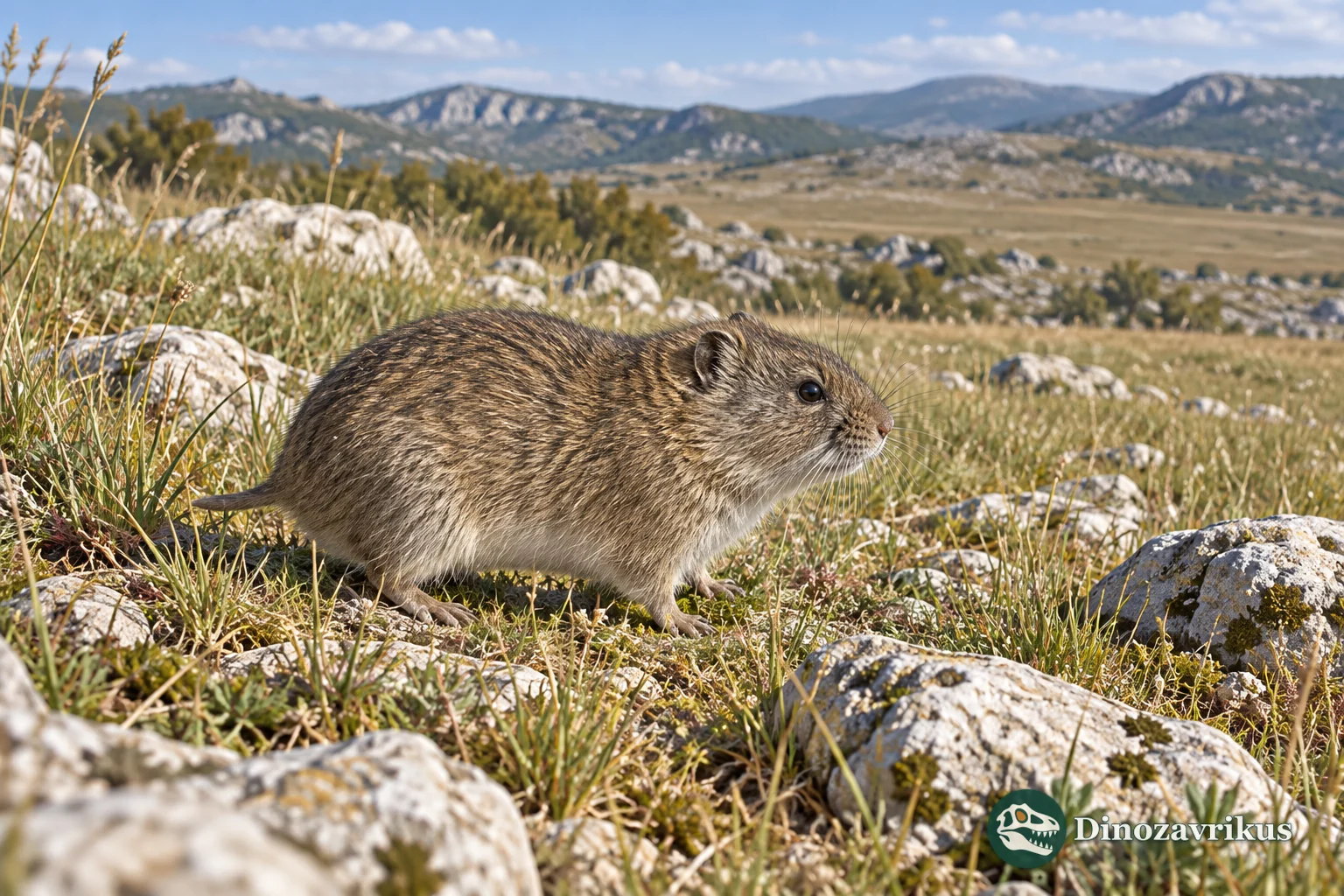 Artistic reconstruction of a small Prolagurus vole among grasses and stones