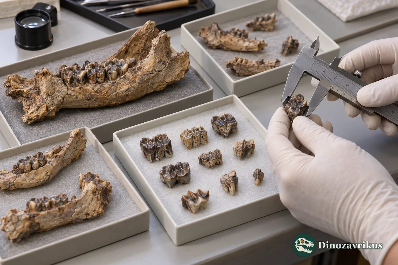 Illustrative museum study bench with fossil jaw fragments and cheek teeth