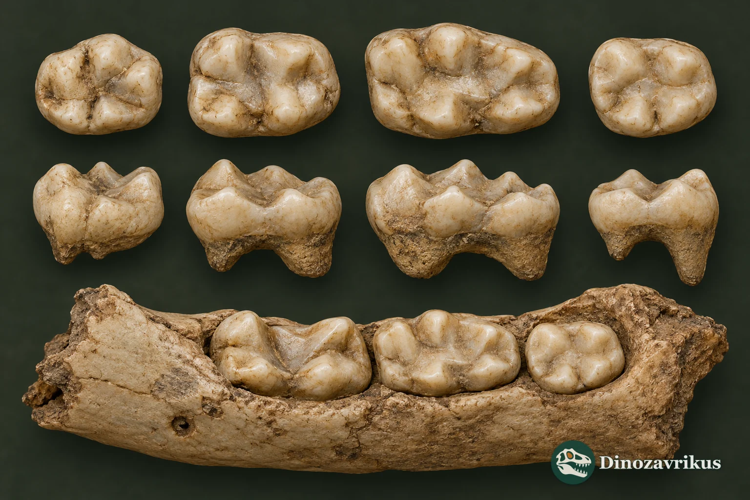 Interpretive scientific illustration of small cheek teeth and a jaw fragment