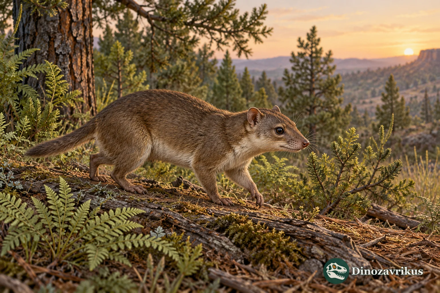 Artistic reconstruction of a small generalized Paleocene mammal in a woodland setting
