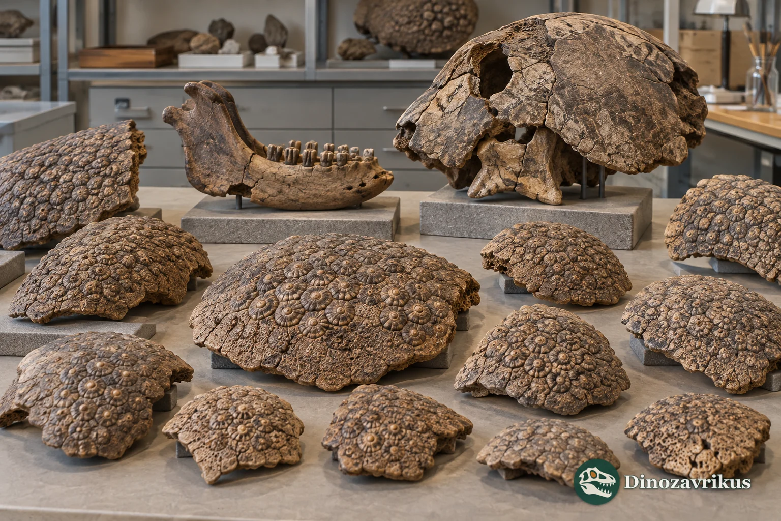 Illustrative osteoderms, skull and jaw of an early glyptodont