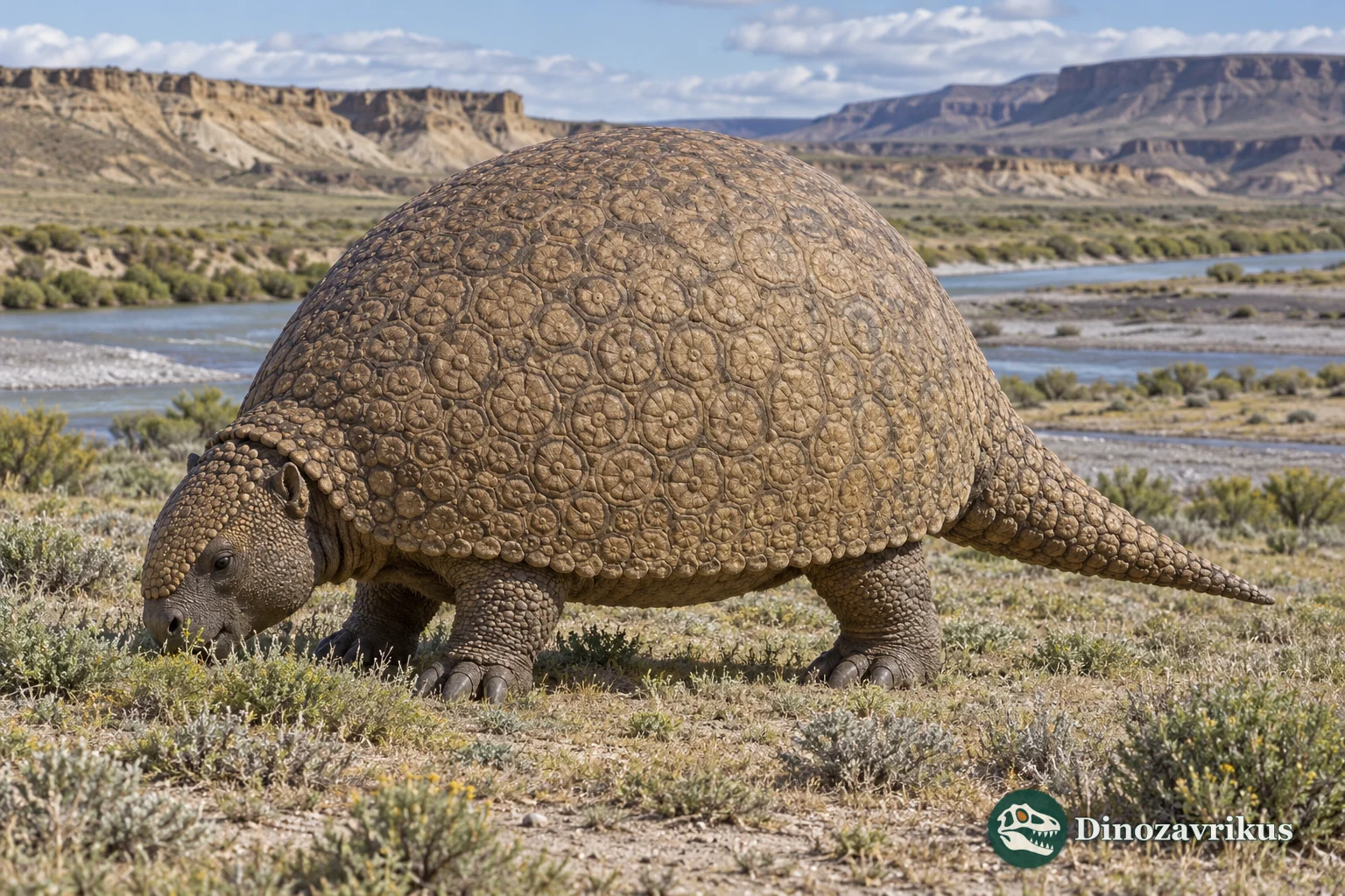 Artistic reconstruction of Propalaehoplophorus on an early Miocene Patagonian river plain
