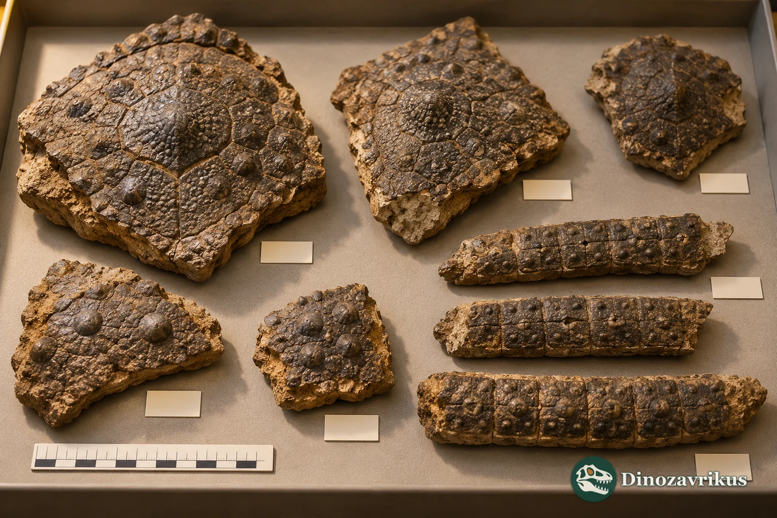 Illustrative Propraopus armor plates and carapace fragments